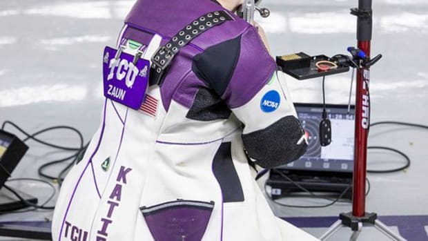 Katie Zaun preparing to fire during the dual